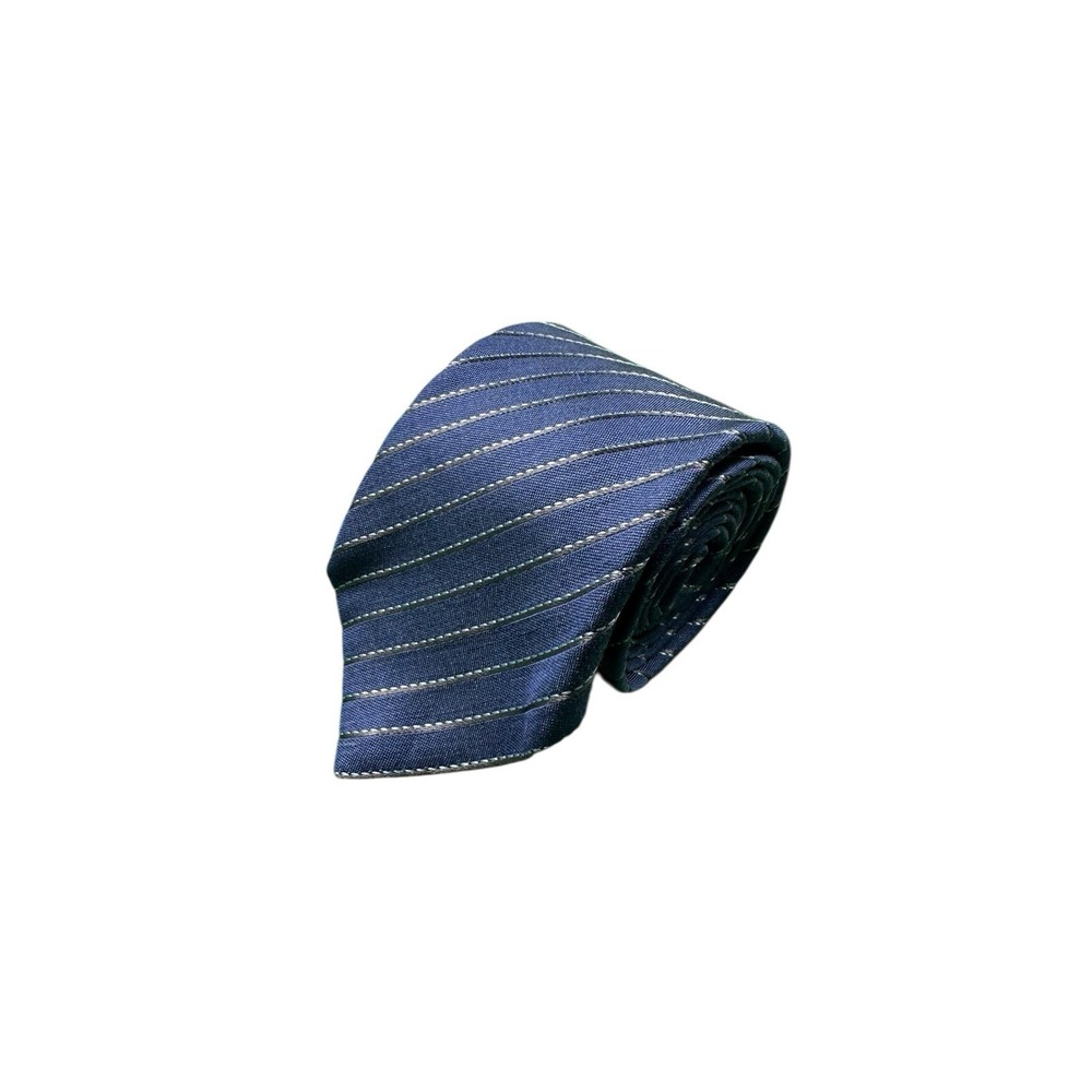 Armani Collezioni Men Blue Silver Striped Linen Silk Tie Made in Italy 3.25 Inch